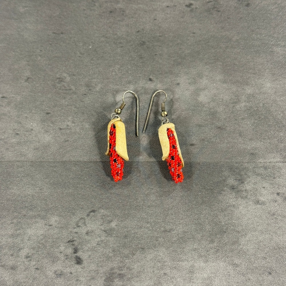 Handmade Native American Earrings Maize Beaded Corn Cob Red Leather Hide Husk
